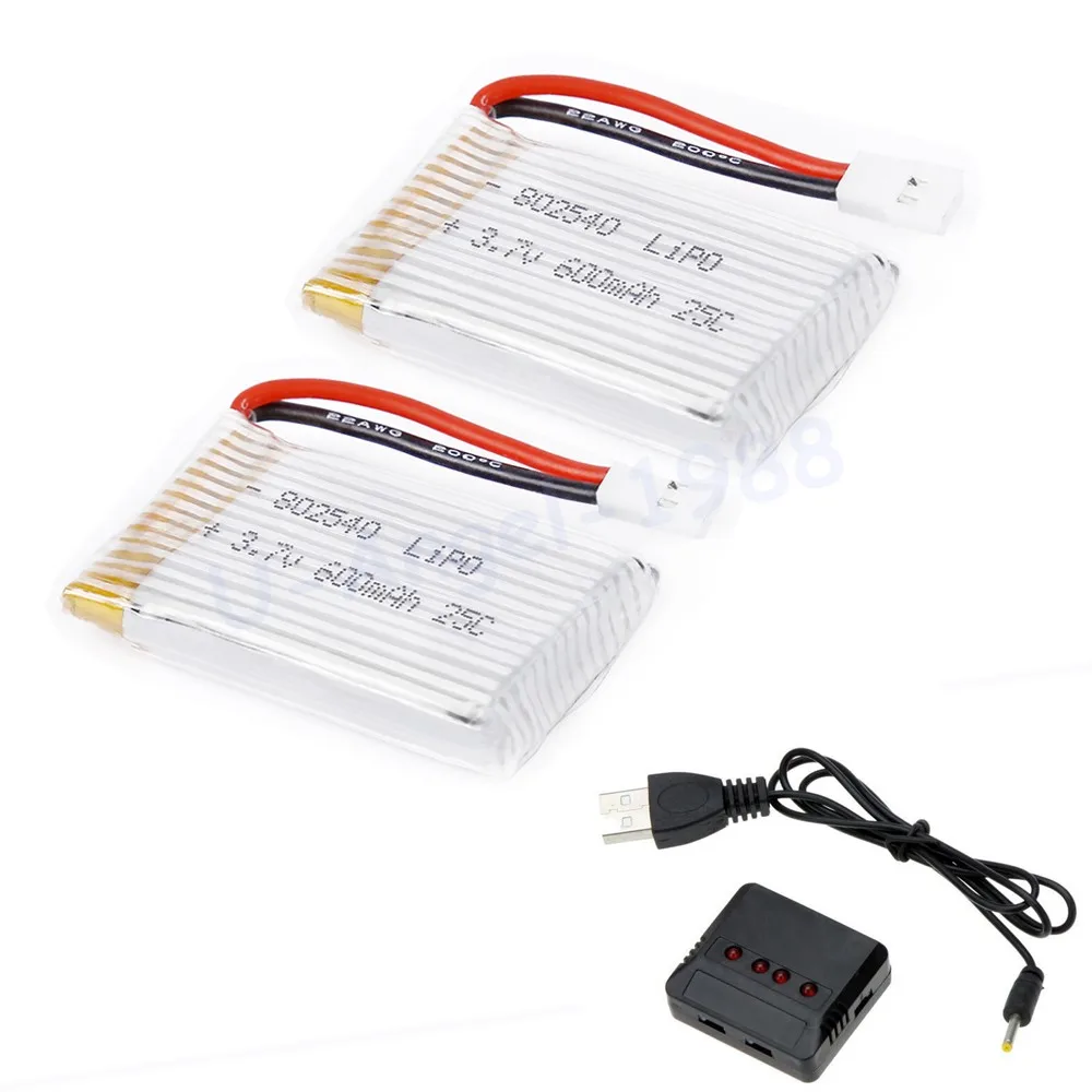 

2pcs/lot 3.7V 600mAh 25C Capacity Lipo Battery 802540 + X4 Charger For Molex 50005 RC Quadcopter Drone