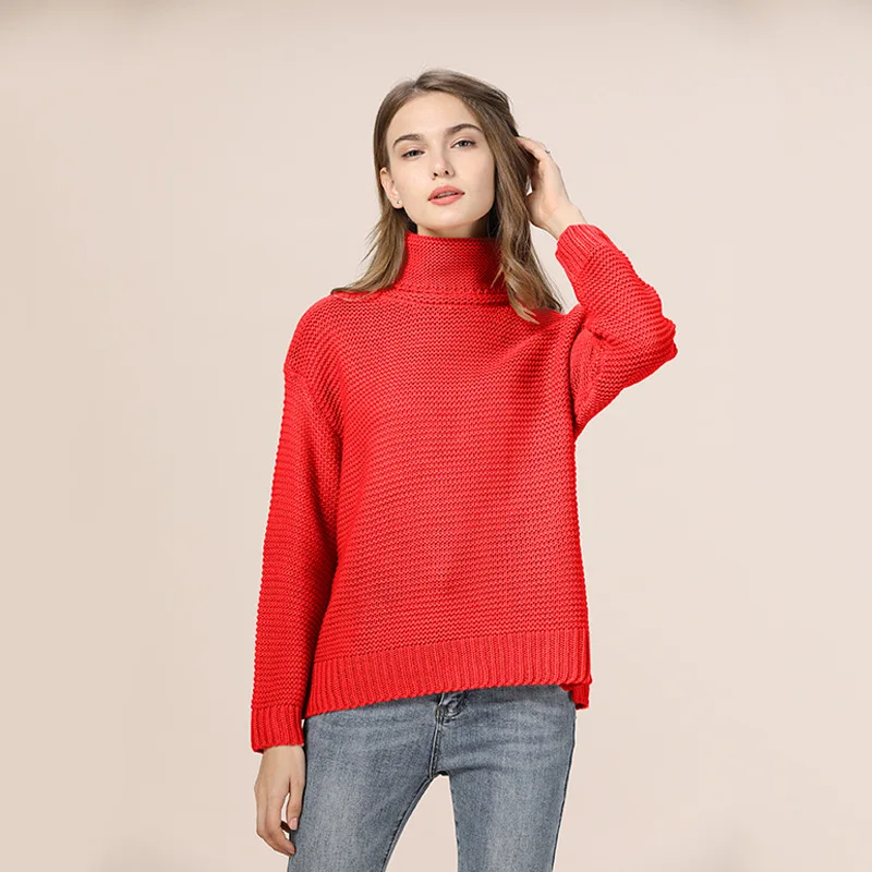 Повседневный однотонный вязаный свитер, Свободный теплый пуловер с длинным рукавом, Свитера на осень и зиму, свитер с высоким воротом, женский черный