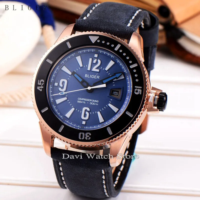 

43mm Date Rose Gold Steel Case Bliger Automatic Mechanical Men Wristwatches