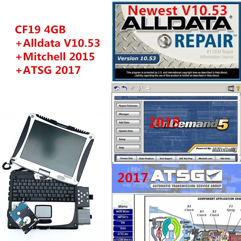 

CF19 Alldata 10.53 and Mitchell on Demand 2015 ATSG Auto Repair Software 3 in 1 TB Installed on toughbook CF19 laptop 4G RAM