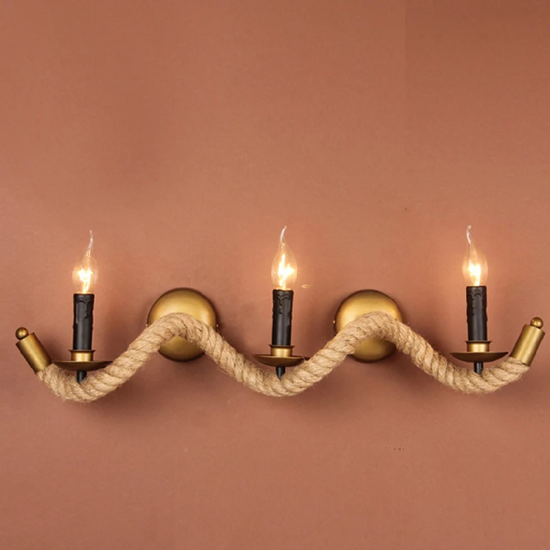 

Brief American Vintage Hemp Rope Wall Lamps Loft Wall Lights For Art Gallery/ Bar/ Restaurant E14 3 Head stair light wall sconce