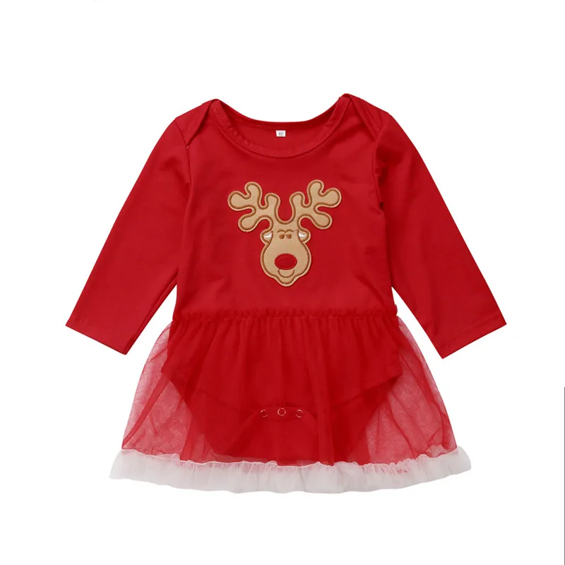 Брендовая Рождественская Одежда для новорожденных, для маленьких девочек на Рождество, кружевное платье с юбкой-пачкой платье боди комбинезон хлопковая уличная одежда, с изображением "Олень"; милые платья - Цвет: Красный