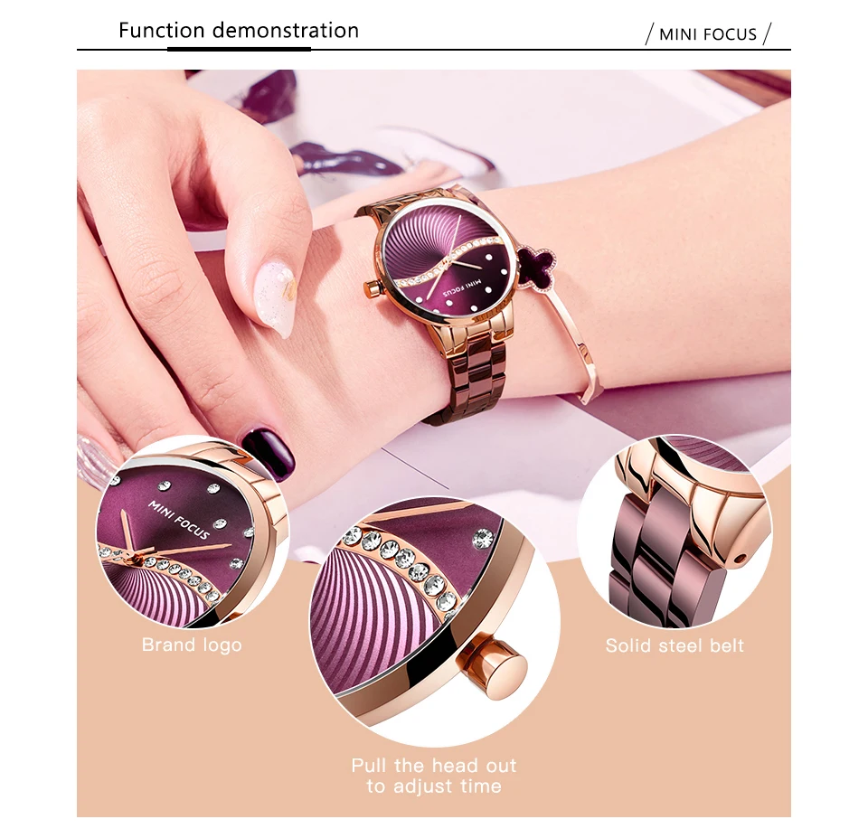 Goedkoop MINI FOCUS Top Brand Luxe Fashion Vrouwen Horloges Lady Paars Roestvrij Stalen Band Waterdicht Quartz Horloges Vrouwelijke + Gift doos