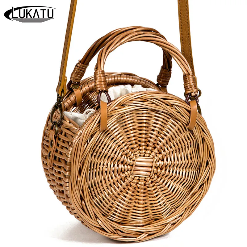 

LUKATU Retro Style Rattan Woven Bag Natural Fashion Beach Handbag For Ladies Storage Basket Round Straw Tote Brand New bolsas