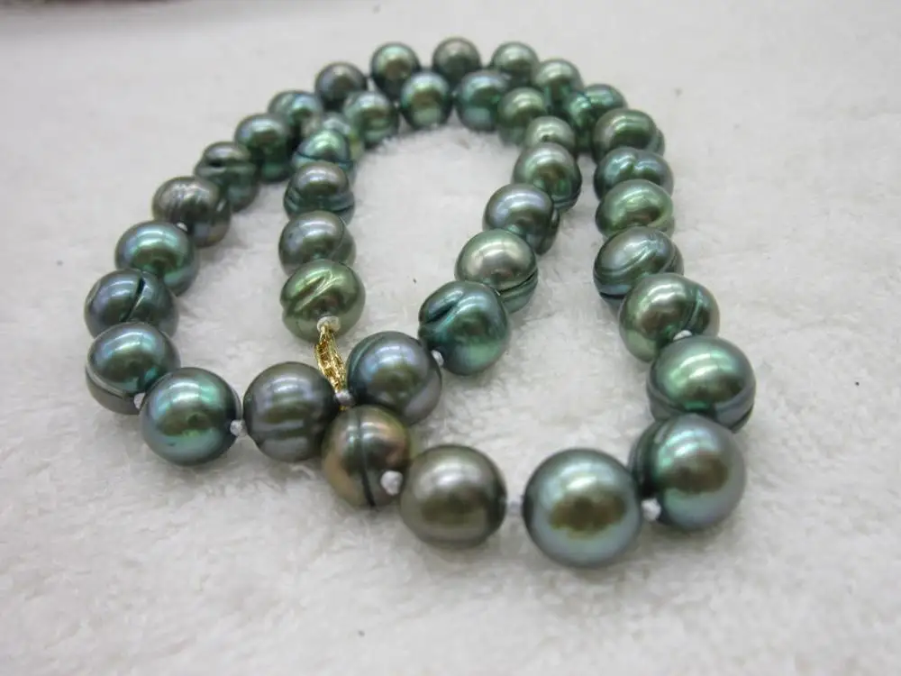 

925silver AAA+11-12MM NATURAL TAHITIAN GREEN BLACK COIOR PEARL NECKLACE 18