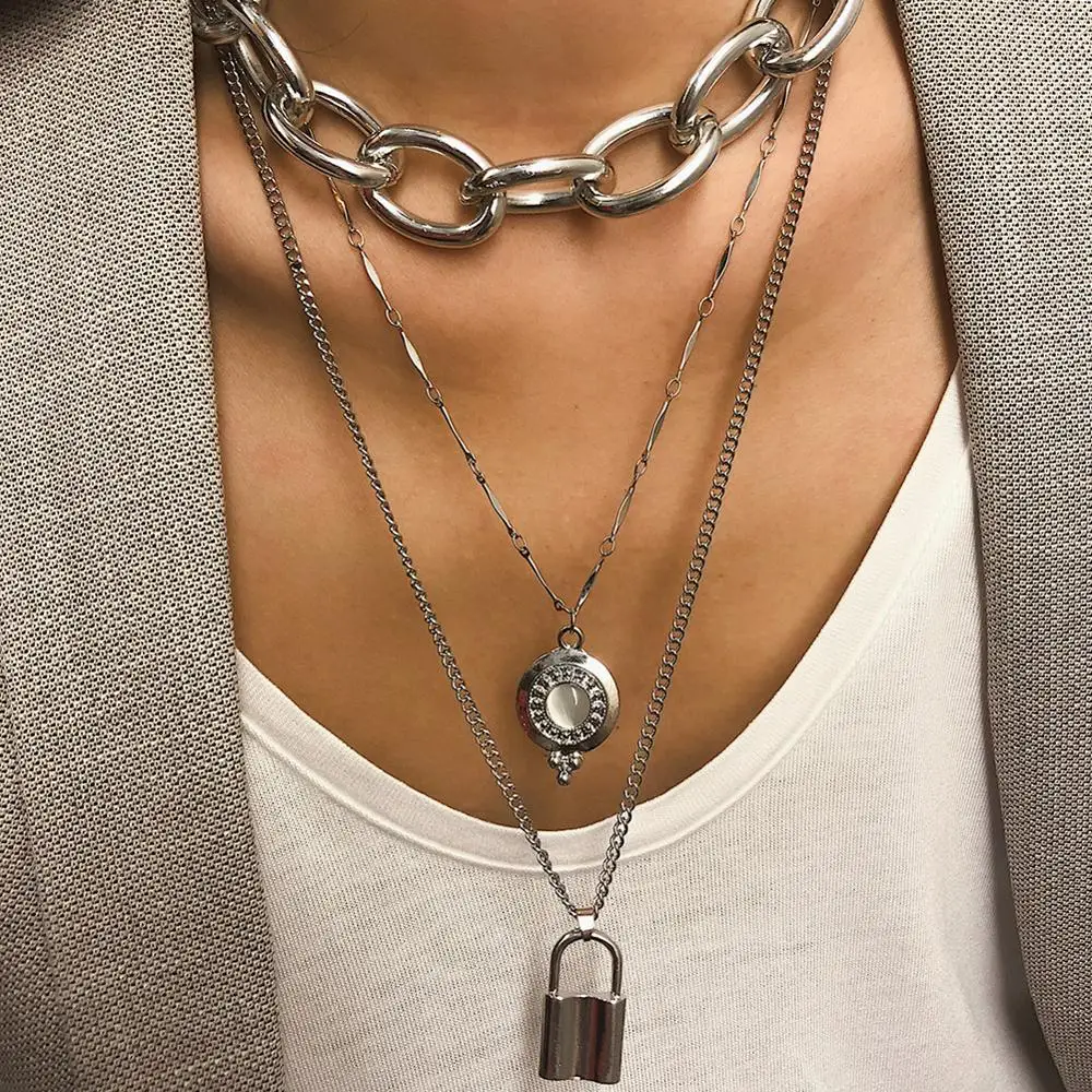 

Women Punk Metal Big Thick Chain Necklace Lock Pendant Multi Layer Long Necklace Jewelry