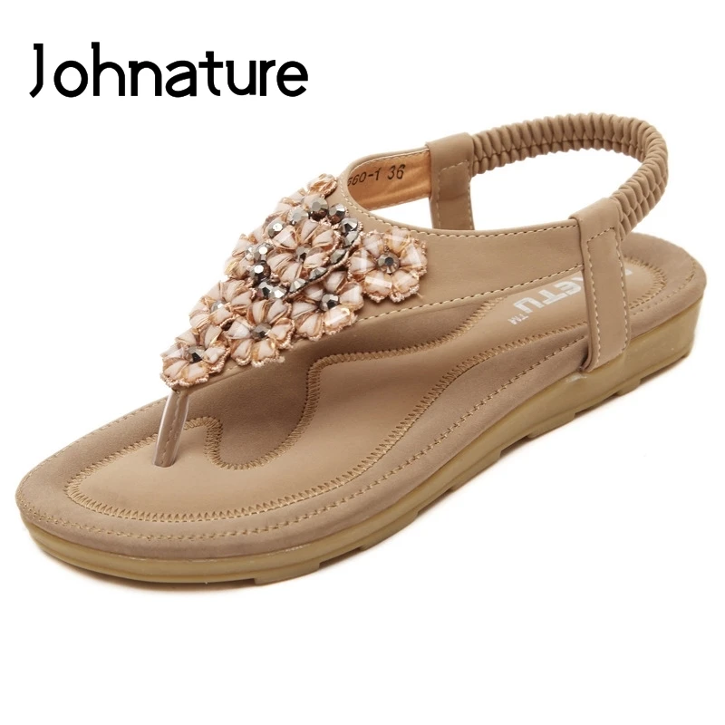 

Johnature Basic Casual 2019 New Summer Sandals Elastic Band Floral Ethnic Crystal Back Strap Flat With Women Shoes