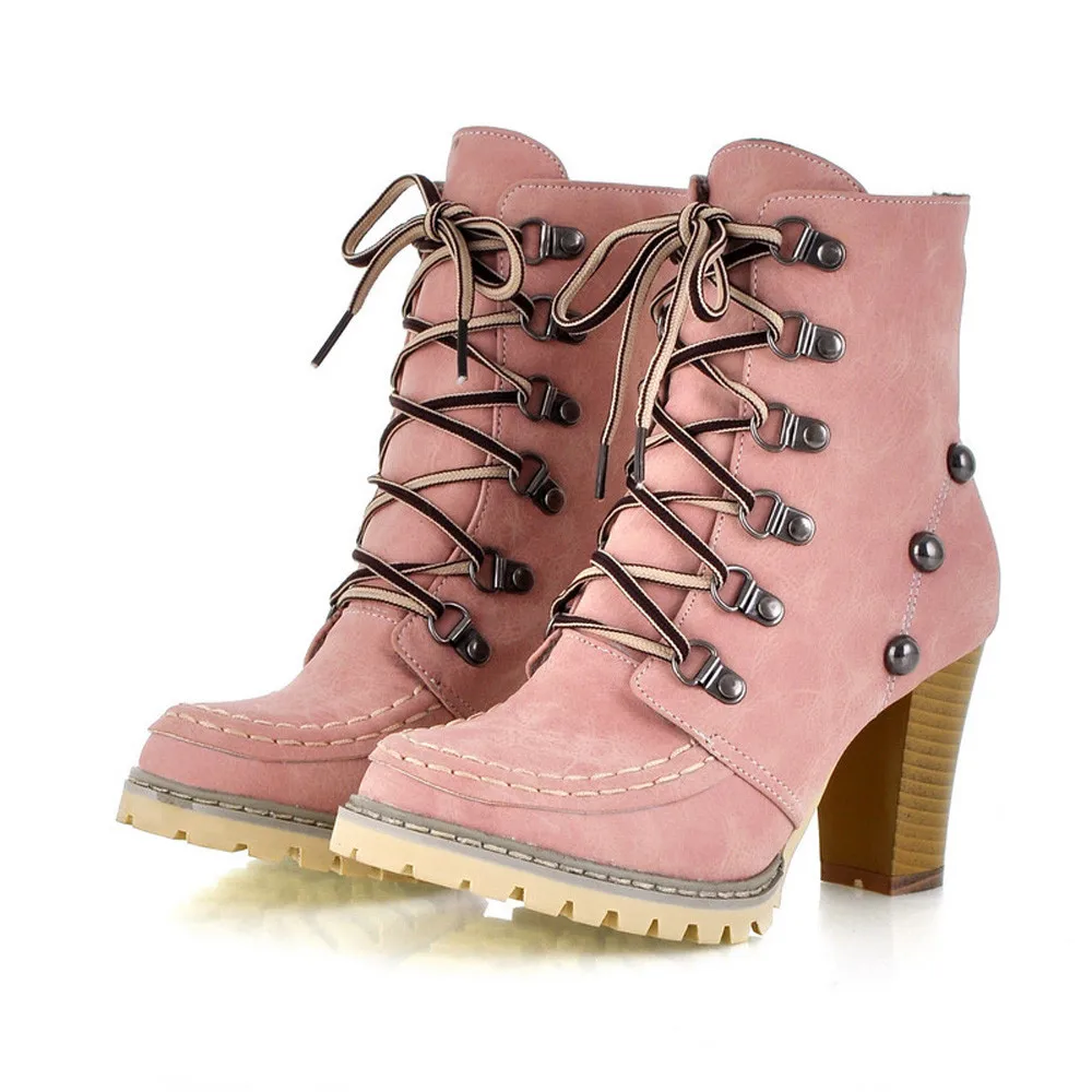 Женские ботинки на высоком каблуке Женская плюшевая обувь с заклепками женские нескользящие короткие сапоги-трубы на шнуровке зимняя обувь на шнуровке#415 - Цвет: Розовый