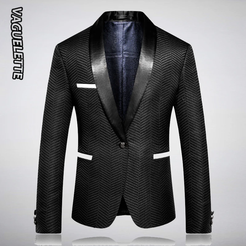 

VAGUELETTE Elegant Striped Mens Blazer Jacket Single-Button Singer Jacket Stage Tuxedos Shawl Collar Veste Mariage Homme M-4XL