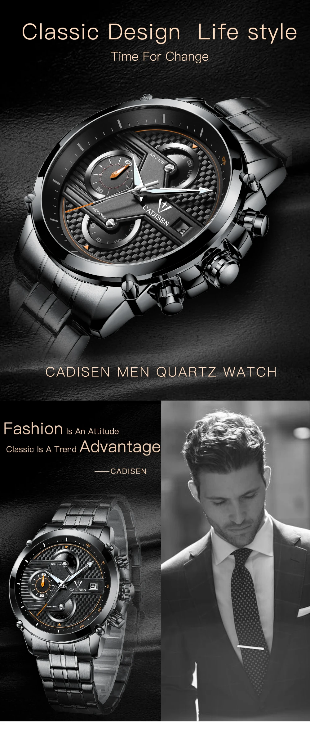 Cadisen часы мужские Топ бренд хронограф модные повседневные кварцевые мужские часы кожа спортивные 30 м Водонепроницаемые мужские наручные часы