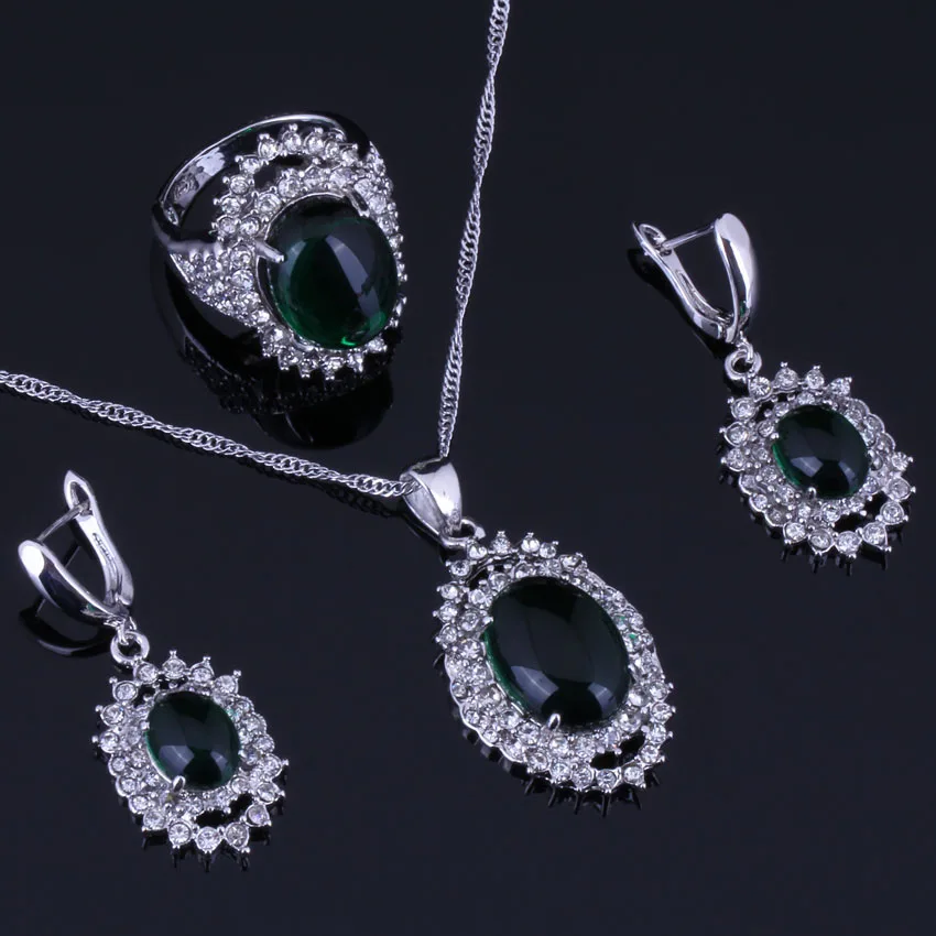 Clean Huge Oval Green Cubic Zirconia White CZ Silver Plated Jewelry Sets Earrings Pendant Chain Ring V0269 | Украшения и
