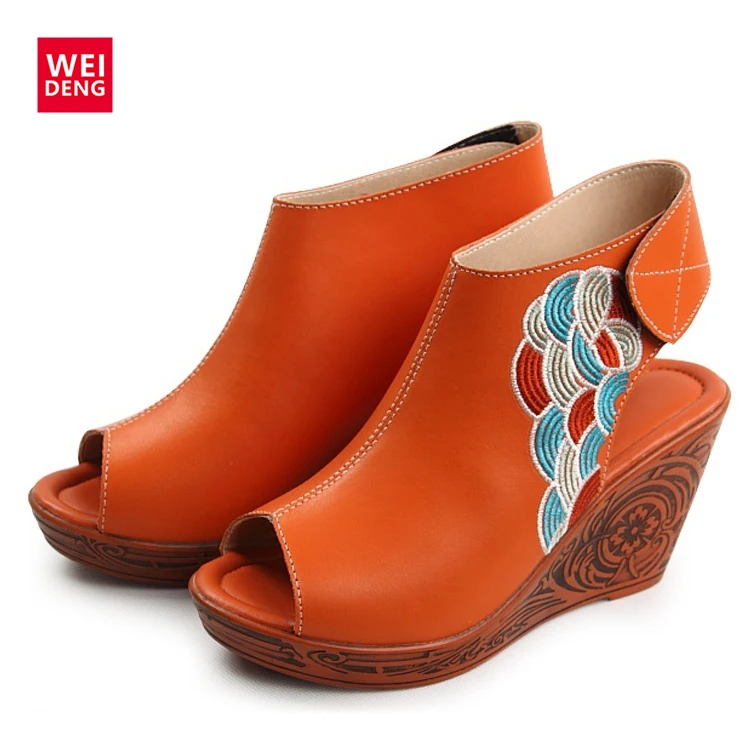 

WeiDeng 2016 New Women Sandals Summer Style High Printing Heels Knitting Fashion Clogs Platform Sandals Shoe 3 Colors Size 35-40