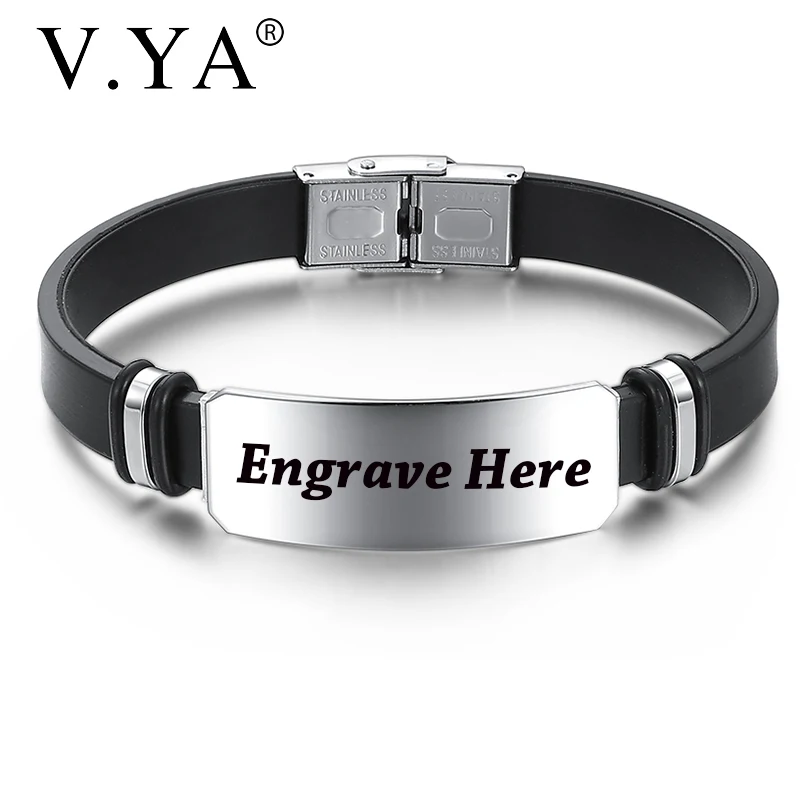 

V.YA Laser Engraved Silicone Black Bracelets For Male Trendy Personalized Name Stainless Steel Customized Bangle For Men Gift