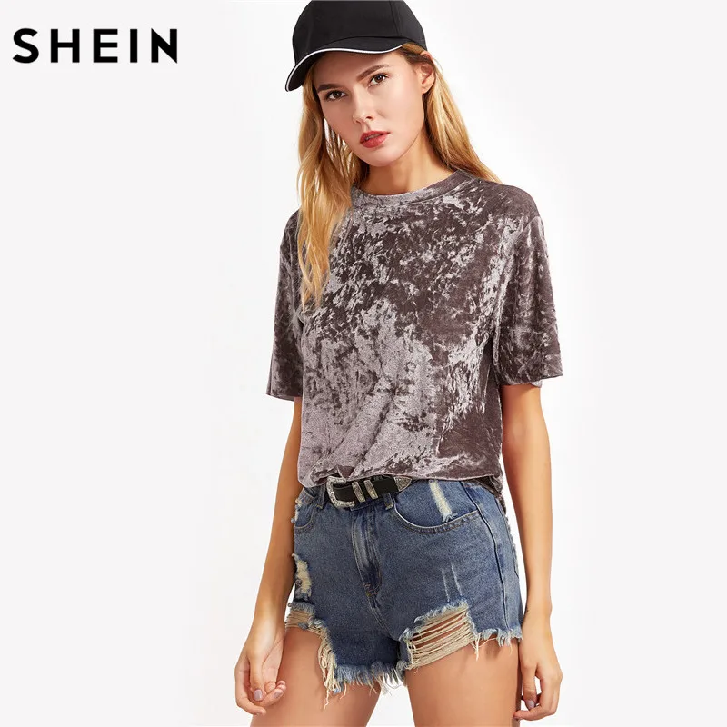 SHEIN T shirt Women Summer 2017 Womens Tops Coffee Short Sleeve Crushed Velvet T-shirt Casual Womens Tee Shirts