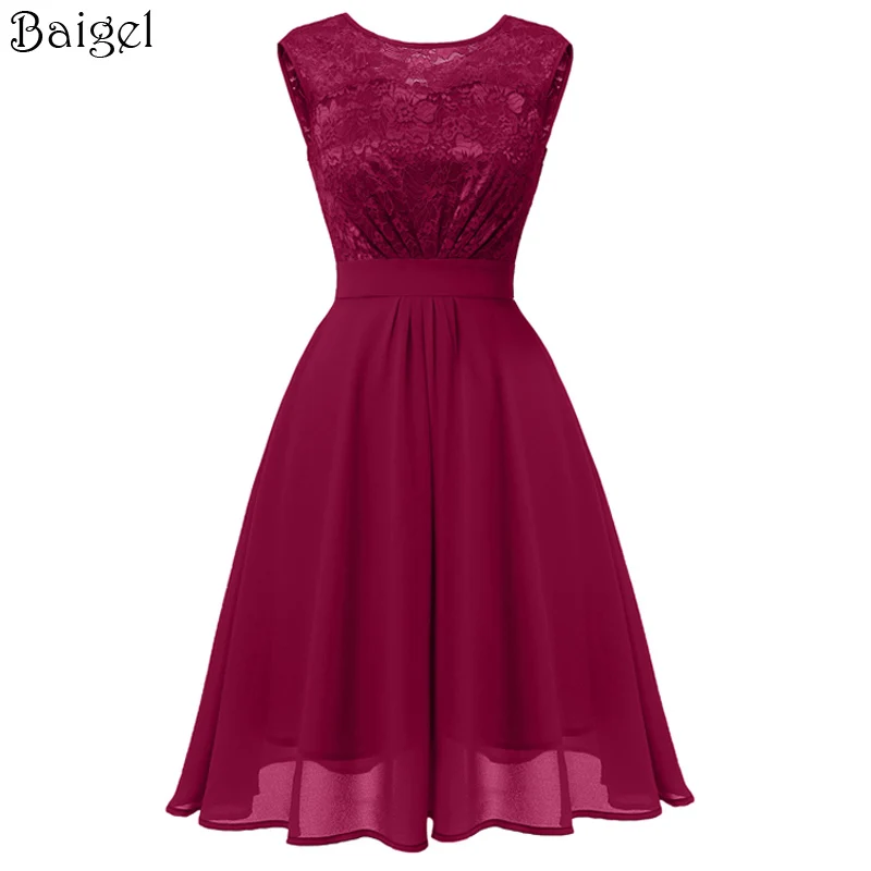 Women Sleeveless Elegant Bridesmaid Party Burgundy Dresses Lace Patchwork Chiffon Dress O-Neck Ladies Rockabilly A-Line Vintage Dress (3)