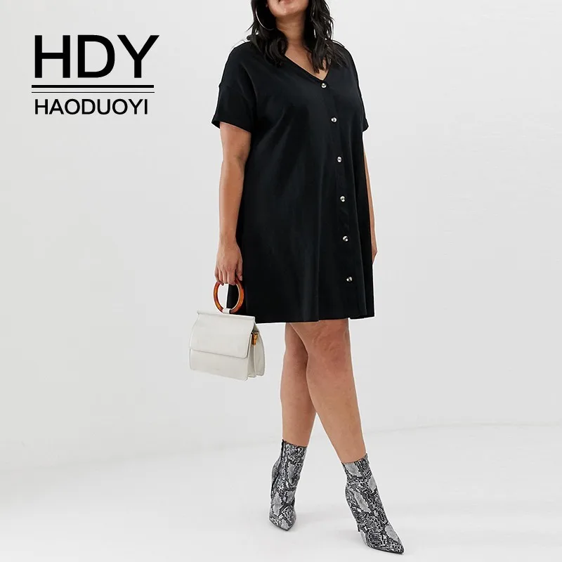 

HDY Haoduoyi 2019 Plus Size New Summer Short-sleeved Loose Dress In The Long Section Half-sleeve Fashion Curve Button Dress