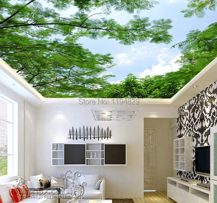 3d Nature Green Tree Blue Sky Ceiling Wallpaper Tv Sitting