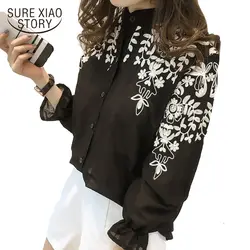 2019 Новое поступление Топы Fresh Стиль Модные женские вышивка цветы блузка хлопок корейский Повседневное Для женщин футболка 529E 25