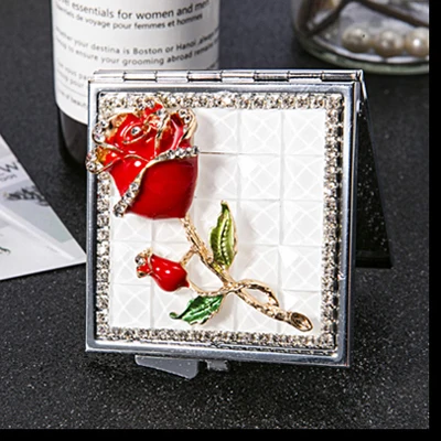 Мини карманный косметическое зеркало для макияжа, 2-лицевая сторона компактное складное зеркало для макияжа, с цветочным принтом сердца и бантиком для губ, стаканчики для вечеринки, подарков - Цвет: red rose
