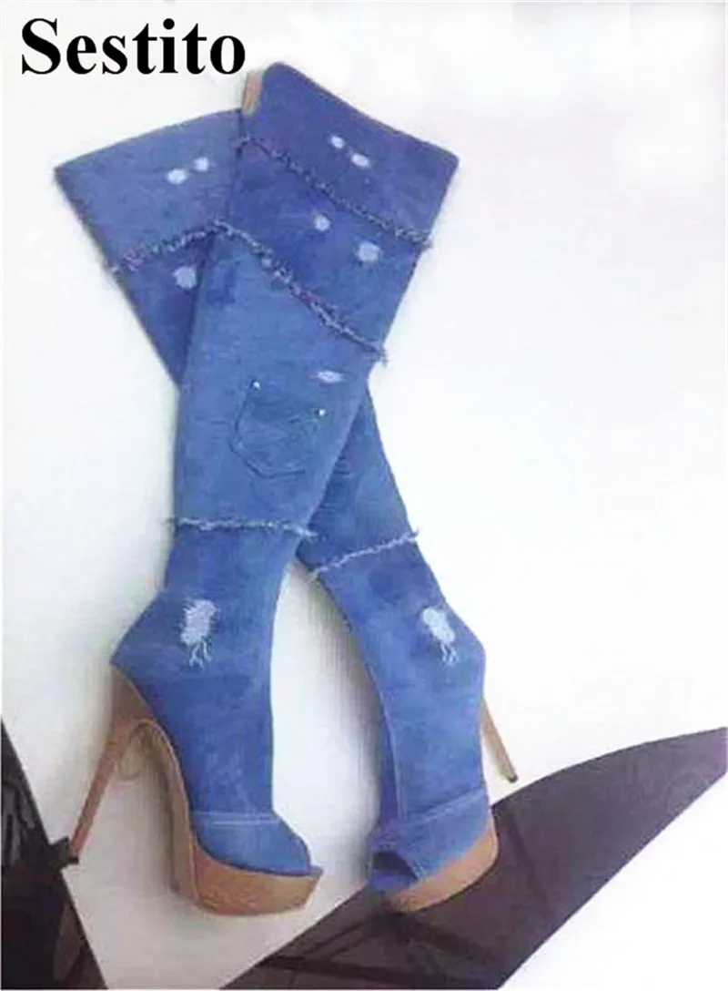 

European Fashion Denim Woman Long Boots Super High Heel Platform Knee-High Boots Peep Toe Thin Heels Zip Fringe Boots Shoes