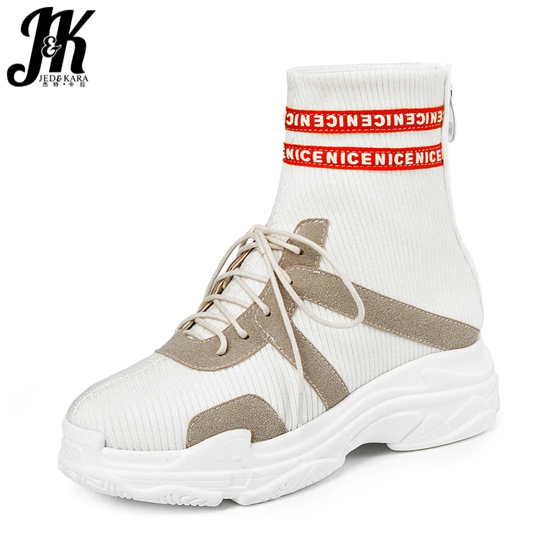 

JK Winter Ankle Sock Boots Round Toe Footwear Fashion Casual Stretch Girl Boot Platform Shoes Woman 2018 New Plus Size 32-46
