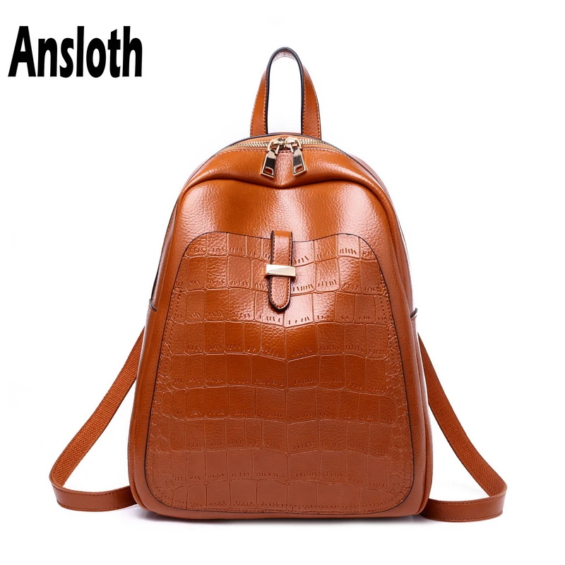 

Ansloth Luxury Crocodile Designer Female Backpacks Vintage Oil Wax Leather Shoulder Bags School Backpack For Women Bags HPS70