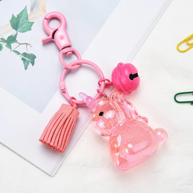 

Cute Candy Color Crystal Unicorn Key Chain Women Men Pink Paint Bell Car Key Ring Leather Tassel Keychains Bag Ornament Chaveiro