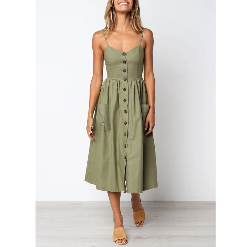 

Women Sexy V Neck Dress 2019 Summer Retro Bohemian Cotton Beach Tunic Dress Sundress With Pocket Boho Midi Button Dresses