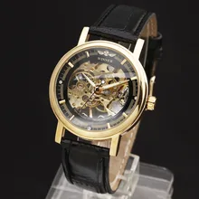 2016 GAGNANT Creux Mécanique Main-Vent Hommes Femmes Montres Classique Sculpture Squelette Cadran En Or Véritable Bracelet En Cuir Montre-Bracelet