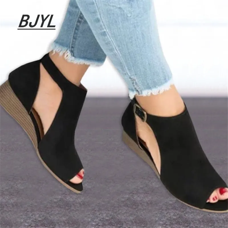 

BJYL women's explosions large size fish mouth sandals wedges belt buckle fashion classic women's sandals