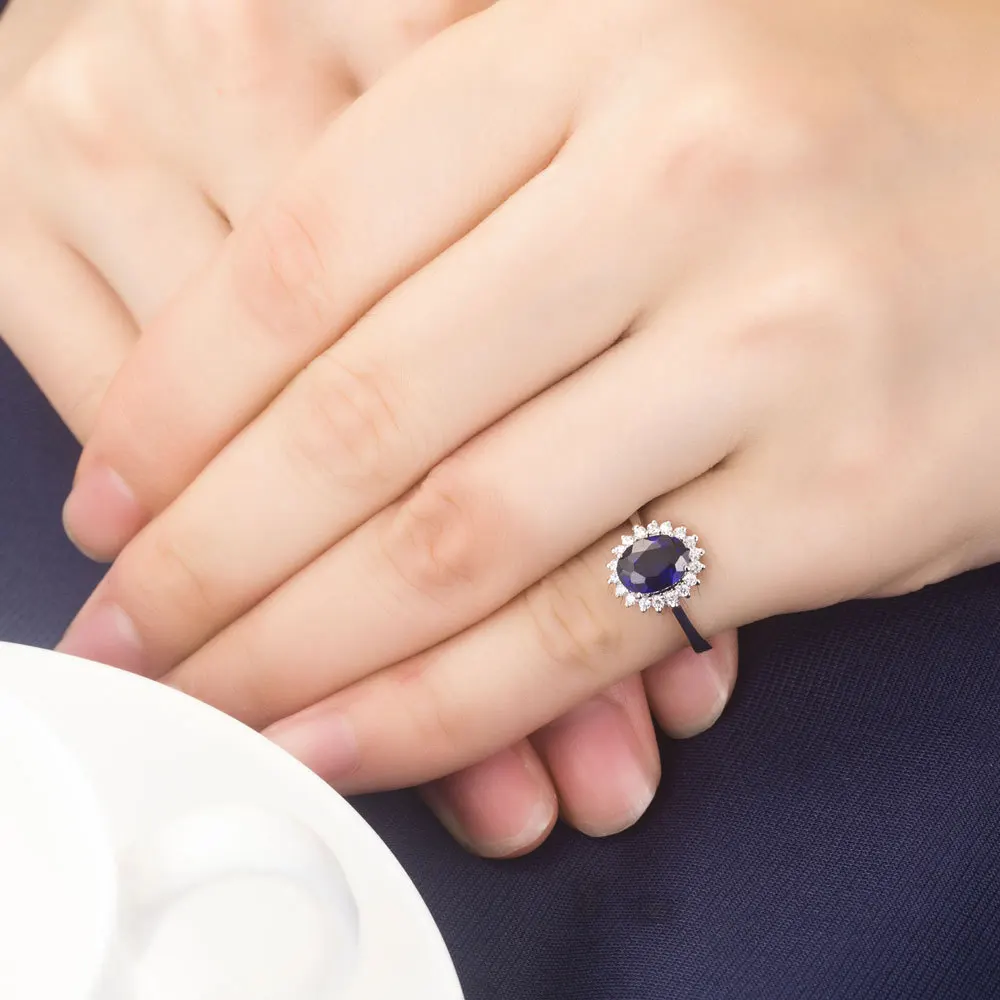 1.5CT Solid 18K White Gold Blue Fine Diamond Engagement Ring For Women Oval Shape High Quality Lovely Wedding Band Ring 6