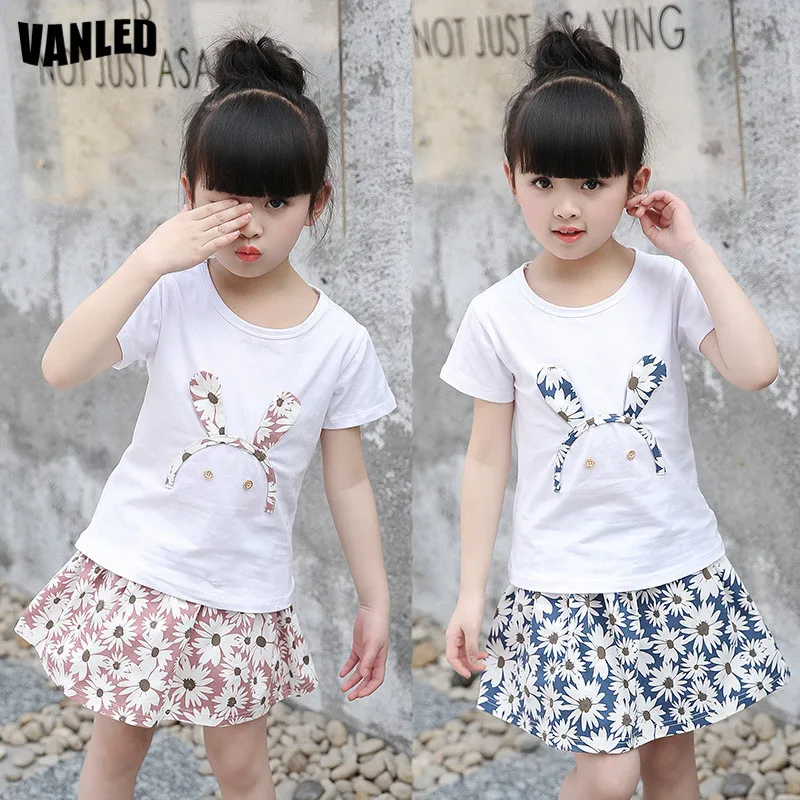 

Cartoon Rabbit Baby Girls Dresses Sets 100%Cotton Breathable Gilrs T-Shirts+Skirts 2-15Y Kids Princess Clothes Sets Dress Suits