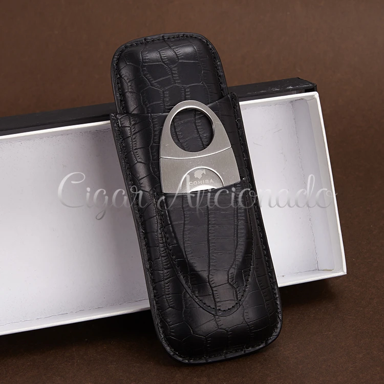 COHIBA Portable Black Croco Embossed Leather Cigar Case Travel Holder 2 Tube W Sharp Dual Blades