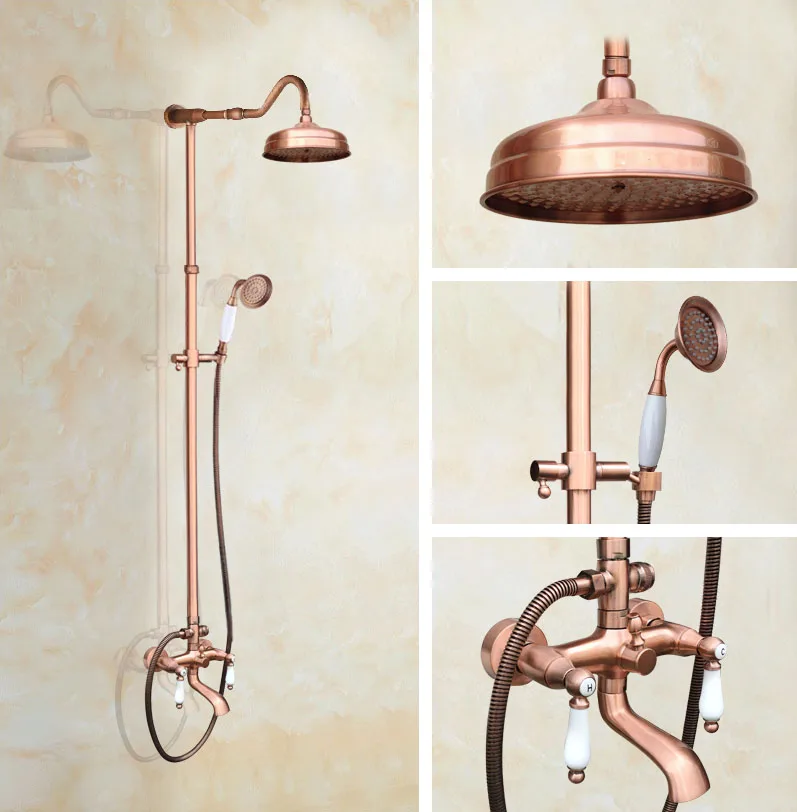 

Antique Red Copper Brass Wall Mounted Bathroom 8" Round Rain Shower Head Faucet Set Dual Ceramic Handles Tub Mixer Tap mrg641
