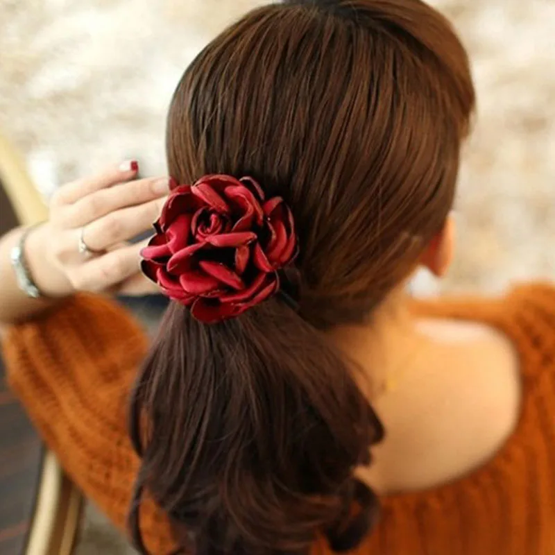 

Women Fabric Flower Elastic Hair Band Girls Big Rose Floral Headwear Rubber Band Rope Ponytail Holder Scrunchie Accessories