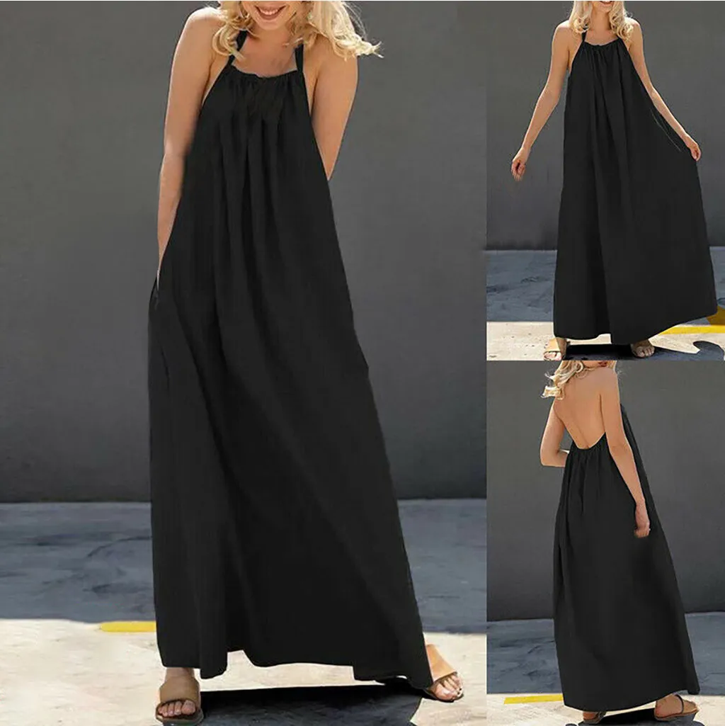 

MUQGEW black dress elegant long dress summer backless Women O-Neck Sleeveless Solid Backless Loose Beach Halter Maxi Dress#G4