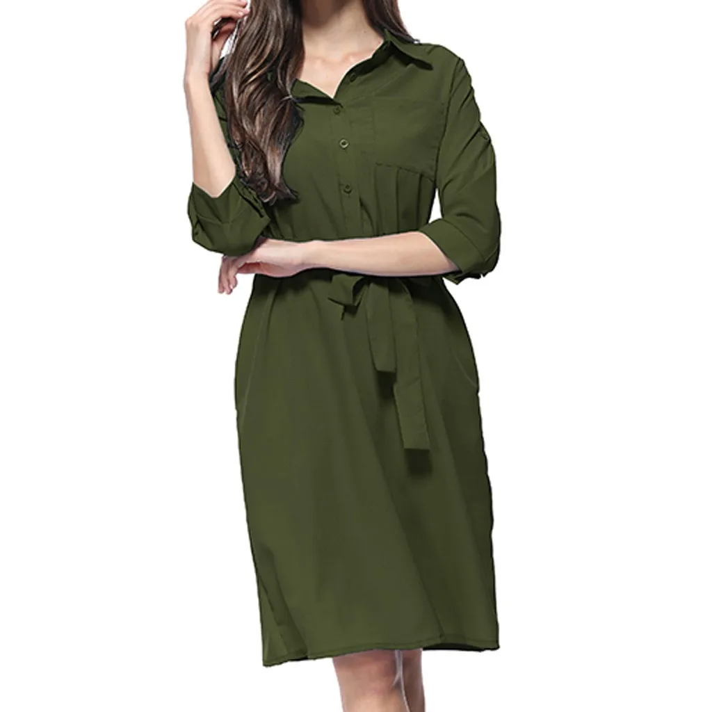 Summer Dress Women Fashion Casual Solid Color Pockets Button Turn-down Collar Three Quarter Sleeve Knee Length Vestidos OY41