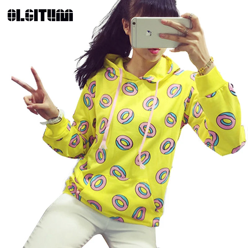  New Spring Autumn 2019 Cute Donut Print Pullovers Geometric Women Hoodies Sweatshirt Fashion Yellow