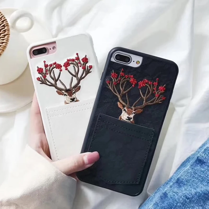 Aoweziic 3D Christmas embroidery elk 6S mobile phone shell pocket insert For iPhone7plus full package 8plus cell phone set X XS