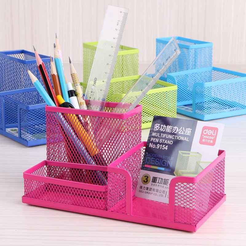 

1 Pc Square Pen Stand Holder Metal Mesh Dest Stationery Holder Big Capacity 4 Colors Deli 9154