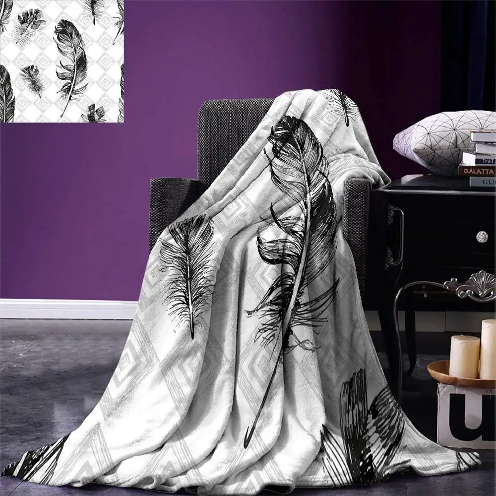 Feather Throw Blanket Faded Geometric Backdrop Nested Squares Mosaic