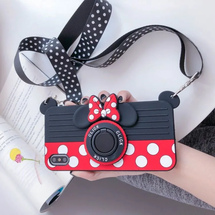 Bowknot Minnie For iPhone XS MAX Case soft back cover for iPhone 6 6s X XR camera shell for iPhone 7 8 plus+ strap + finger ring