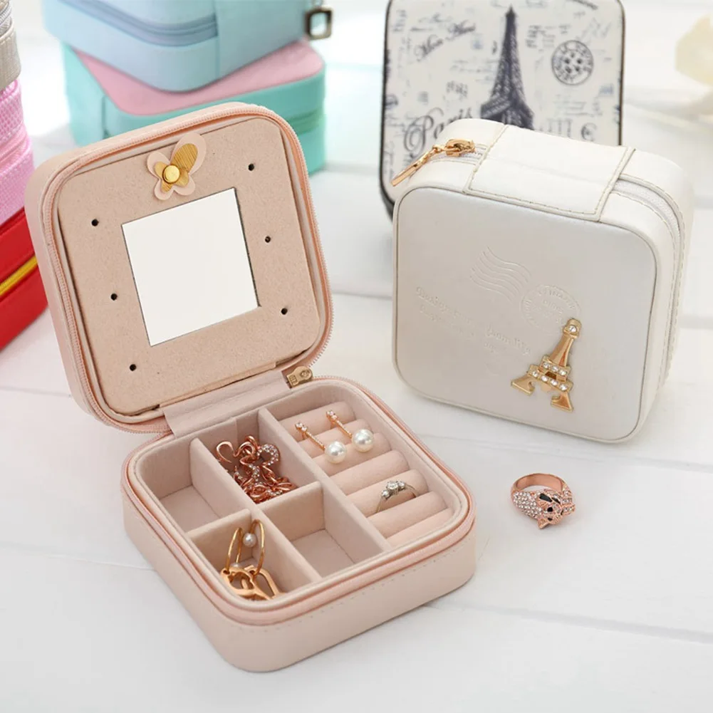 Women's Mini Stud Earrings Rings Jewelry Box Useful Makeup Organizer With Zipper Travel Portable