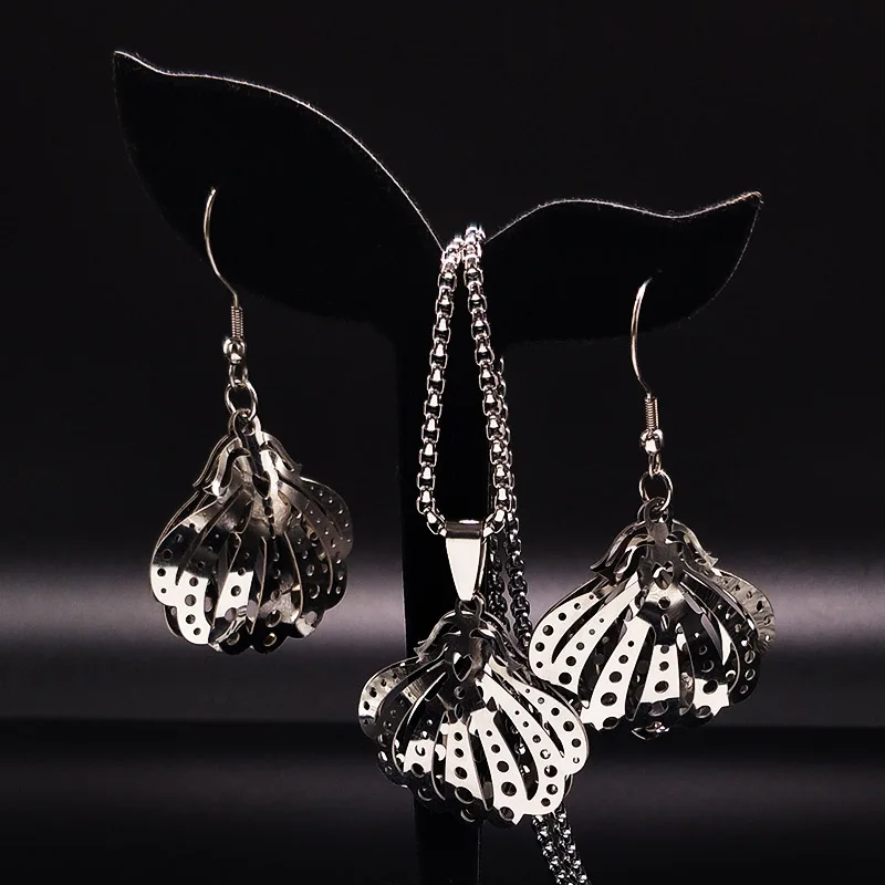 Fan Stainless Steel Jewelry Set Women Silver Color Necklace Earring