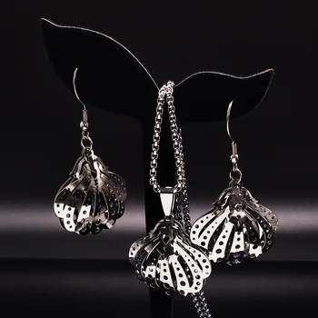 

Fan Stainless Steel Jewelry Set Women Silver Color Necklace Earring Jewelry Sets 2019 acero inoxidable joyeria conjuntos S176162