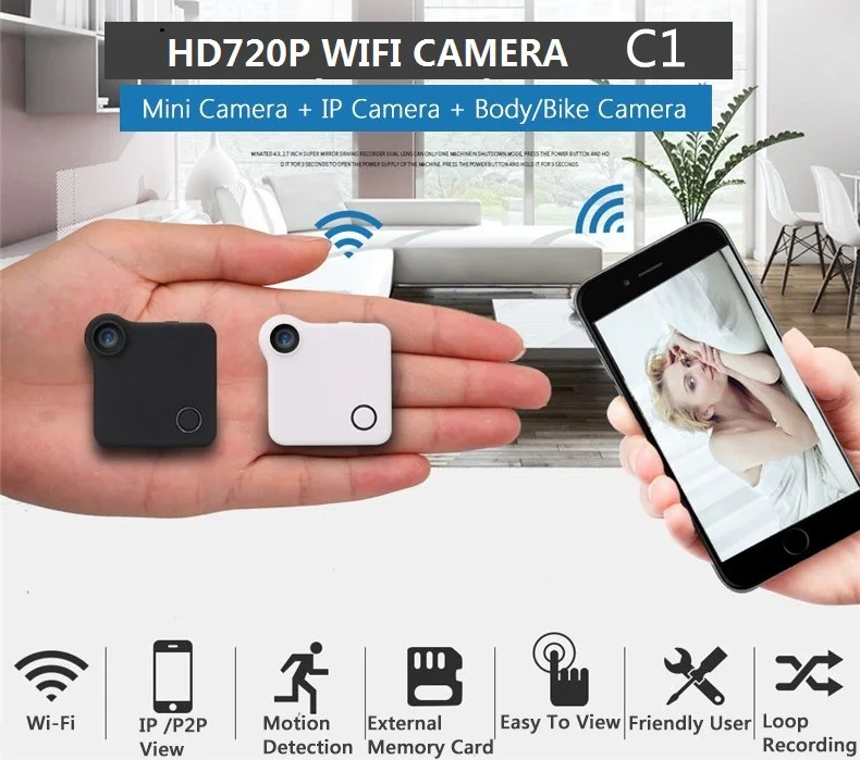 C1 HD мини-камера DVR WIFI P2P IP 720P H.264 приложение управление Беспроводная Экшн-камера