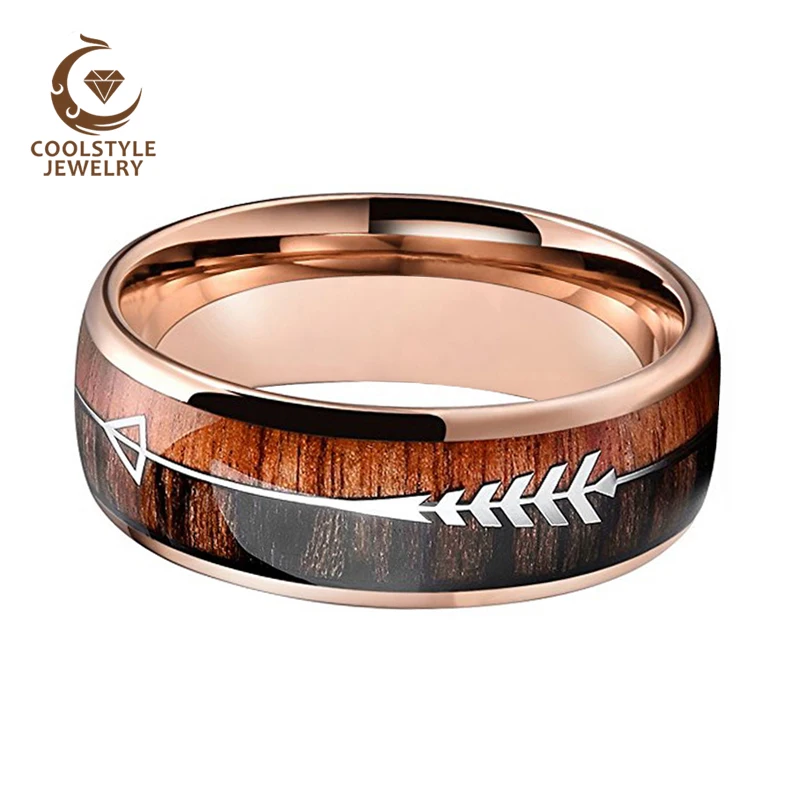 Wedding Rings For Men And Women Rose Gold Tungsten Wedding Band With Arrow And Double Woods Inlay Fashion Jewelry
