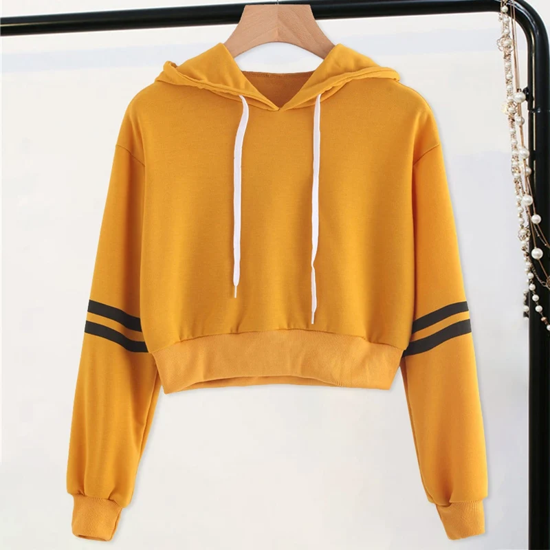 

Women Varsity-Striped Drawstring Crop Hoodie Sweatshirt Pullover Tops Moletom Feminino