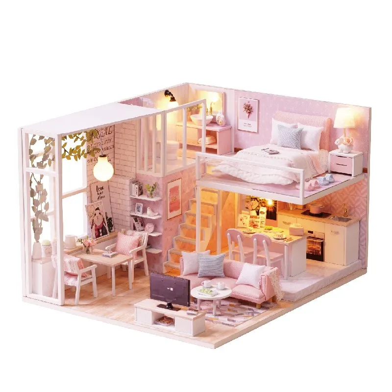 DIY Миниатюрный Кукольный домик Модель Кукольный дом мебель светодиодный светильник 3D Деревянный мини кукольный домик ручной работы подарочные игрушки для детей L023# E - Цвет: L022 no cover