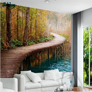 

beibehang Autumn Trees Bridge Waterfall Reed Green Water Landscape Simple Wall Background Custom Wallpaper Mural